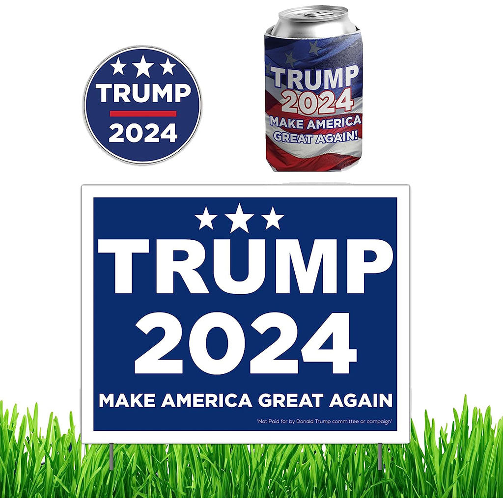 Donald Trump 2024 Gift Pack - Yard Sign w/stakes, Decal & Can Cooler (1 of item)